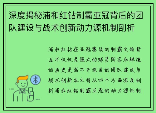 深度揭秘浦和红钻制霸亚冠背后的团队建设与战术创新动力源机制剖析