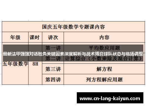 最新法甲强强对话胜负关键因素深度解析与战术博弈球队状态与临场调整