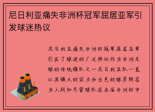 尼日利亚痛失非洲杯冠军屈居亚军引发球迷热议
