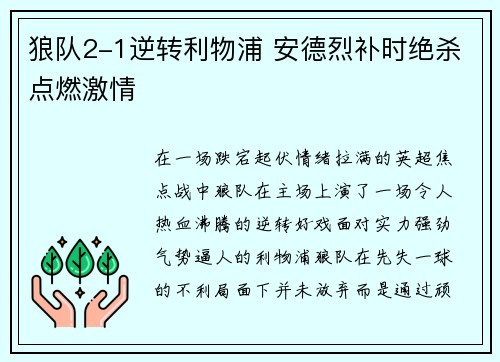狼队2-1逆转利物浦 安德烈补时绝杀点燃激情
